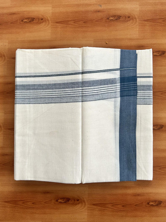 Double Off White (Unbleached) Mundu/Dhoti - 20% Discount! KaithariKada Pure Cotton - 60s - 1.5 inch Peacock Green Shaded Striped Kara 4 mtr (8.5 Muzham) - 65 KK5460 PMC