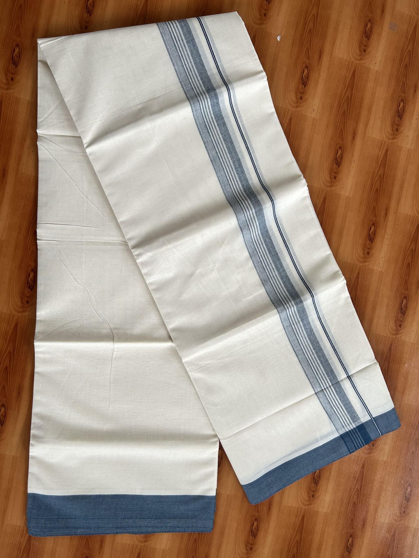 Double Off White (Unbleached) Mundu/Dhoti - 20% Discount! KaithariKada Pure Cotton - 60s - 1.5 inch Peacock Green Shaded Striped Kara 4 mtr (8.5 Muzham) - 65 KK5460 PMC