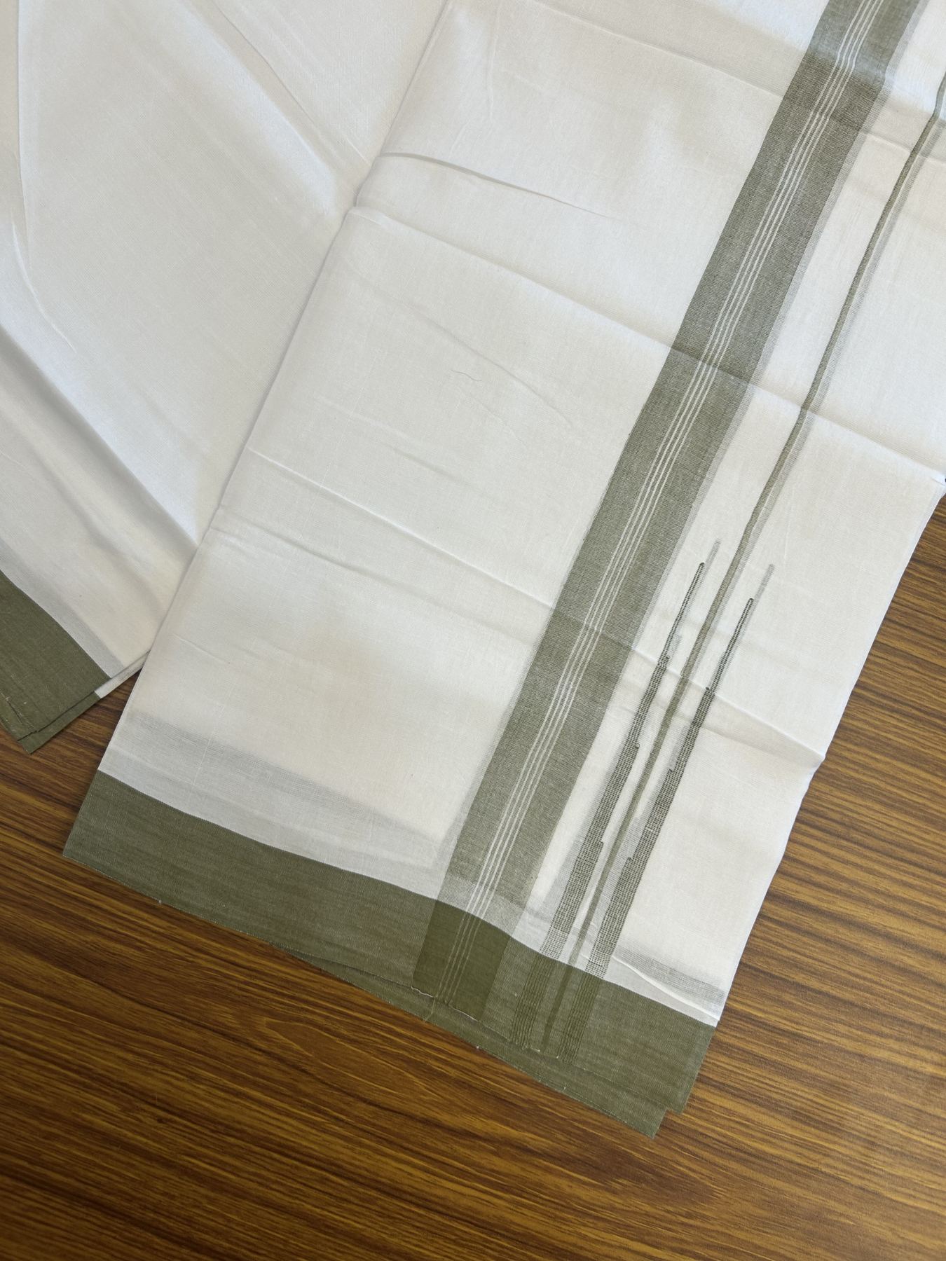 20% Discount! KaithariKada Balaramapuram 100% Cotton Double Pure white Mundu/Dhoti- 100x80 - 1.25 inch Olive Green shaded striped chutty kara - 3.75 mtr ( 8 muzham) - 24 KK5315 VAS