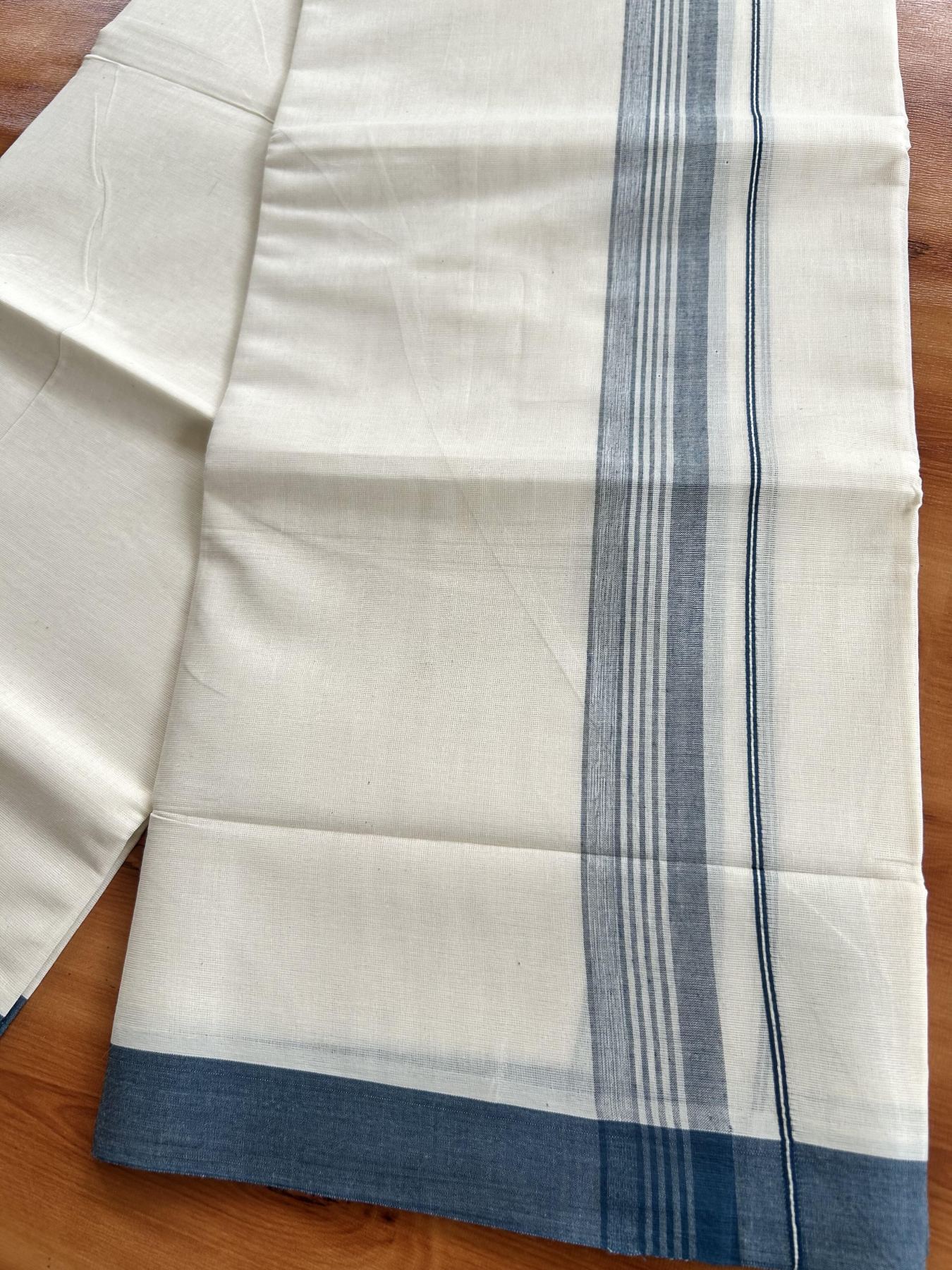 Double Off White (Unbleached) Mundu/Dhoti - 20% Discount! KaithariKada Pure Cotton - 60s - 1.5 inch Peacock Green Shaded Striped Kara 4 mtr (8.5 Muzham) - 65 KK5460 PMC