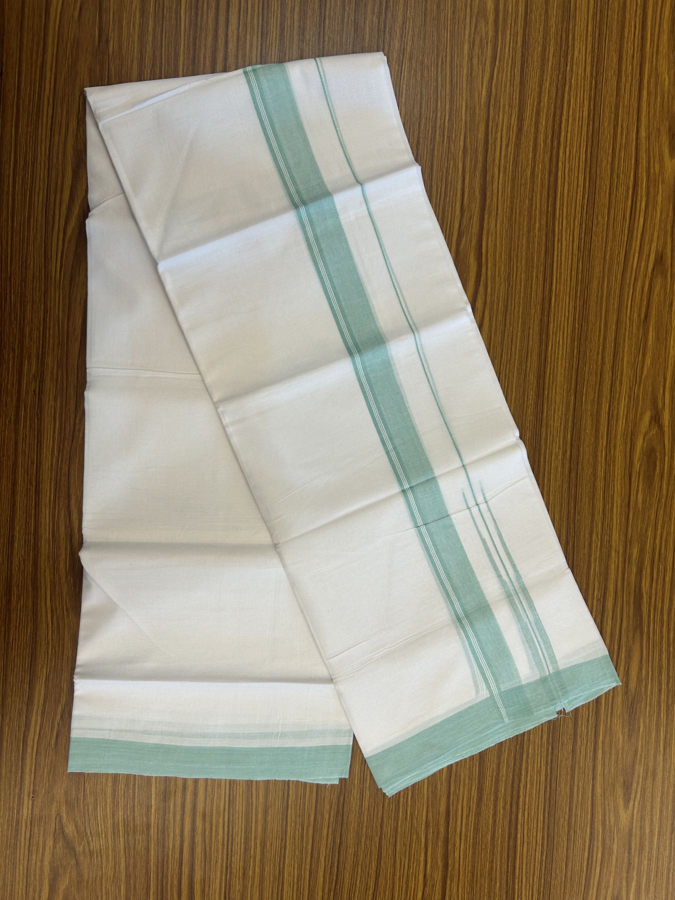 20% Discount! KaithariKada Balaramapuram 100% Cotton Double Pure white Mundu/Dhoti- 100x80 - 1.5 inch Mint Green shaded striped chutty kara - 3.75 mtr ( 8 muzham) - 28 KK5315 VAS