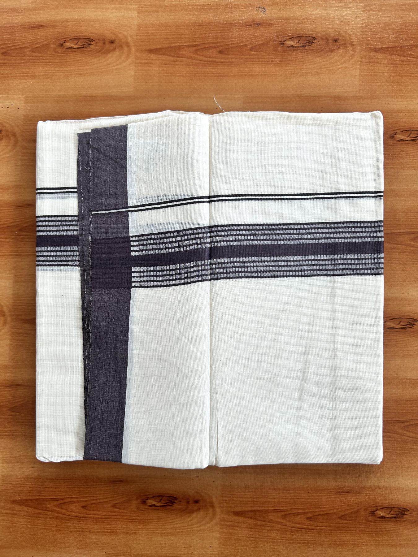 Double Off White (Unbleached) Mundu/Dhoti - 20% Discount! KaithariKada Pure Cotton - 60s - 1.5 inch Dark Greyish Purple Shaded Striped Kara 4 mtr (8.5 Muzham) - 76 KK5460 PMC