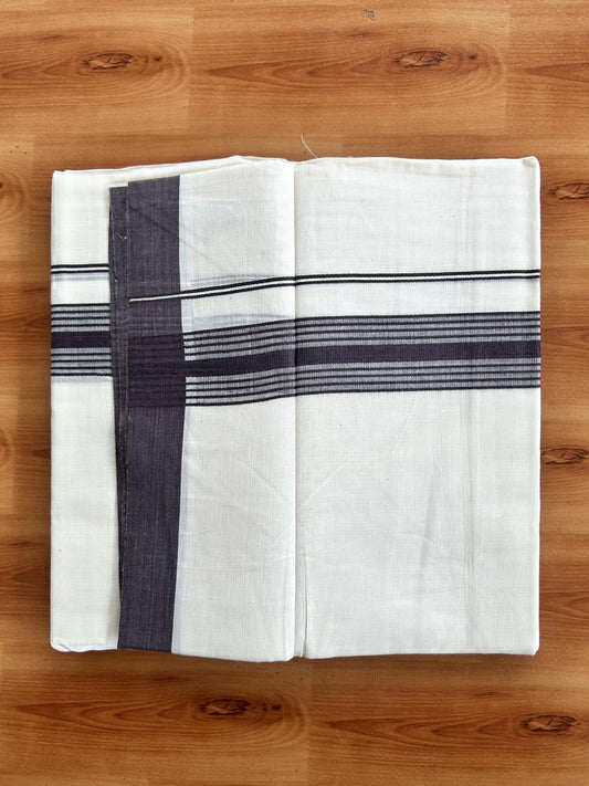Double Off White (Unbleached) Mundu/Dhoti - 20% Discount! KaithariKada Pure Cotton - 60s - 1.5 inch Dark Greyish Purple Shaded Striped Kara 4 mtr (8.5 Muzham) - 76 KK5460 PMC