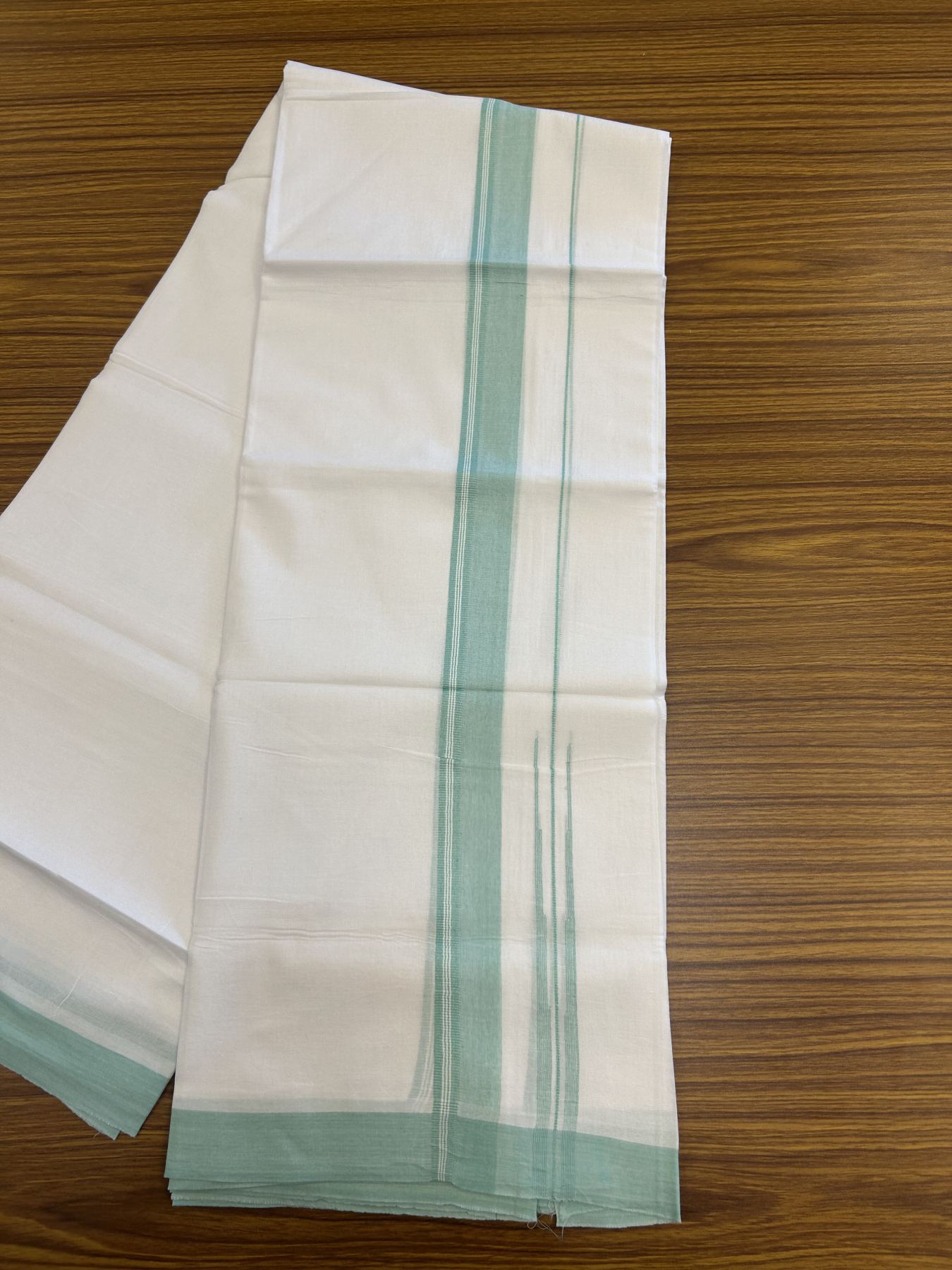 20% Discount! KaithariKada Balaramapuram 100% Cotton Double Pure white Mundu/Dhoti- 100x80 - 1.5 inch Mint Green shaded striped chutty kara - 3.75 mtr ( 8 muzham) - 28 KK5315 VAS