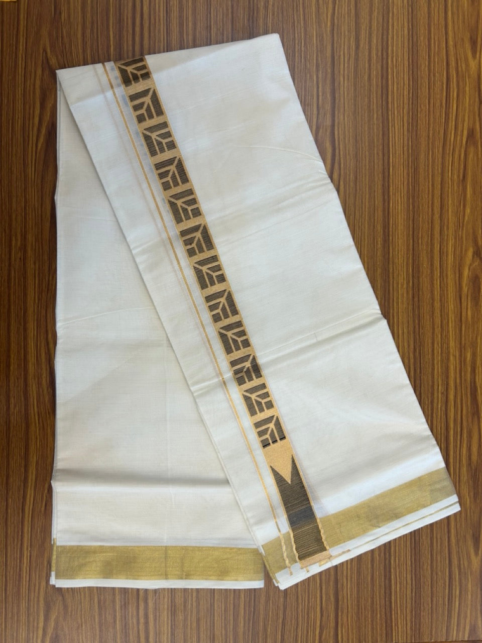 20% DISCOUNT ! KaithariKada Balaramapuram Mixed Cotton OFF White (Unbleached) Double Mundu/Dhoti - 80x80 Thread Mixed Cotton- 2.25 inch Gold kasavu & Black jacquard design Chutty kara - 31KK5113PMC