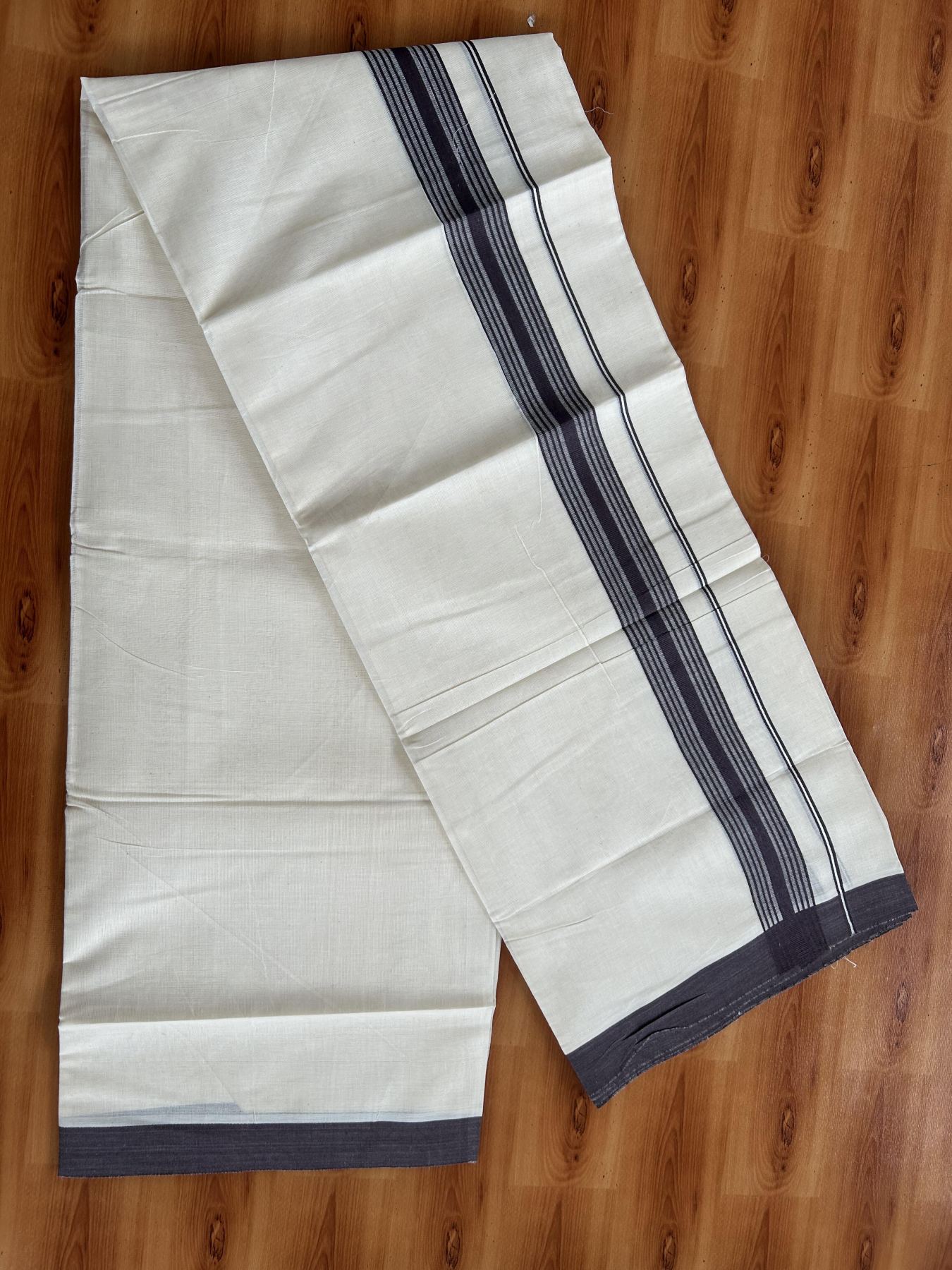 Double Off White (Unbleached) Mundu/Dhoti - 20% Discount! KaithariKada Pure Cotton - 60s - 1.5 inch Dark Greyish Purple Shaded Striped Kara 4 mtr (8.5 Muzham) - 76 KK5460 PMC