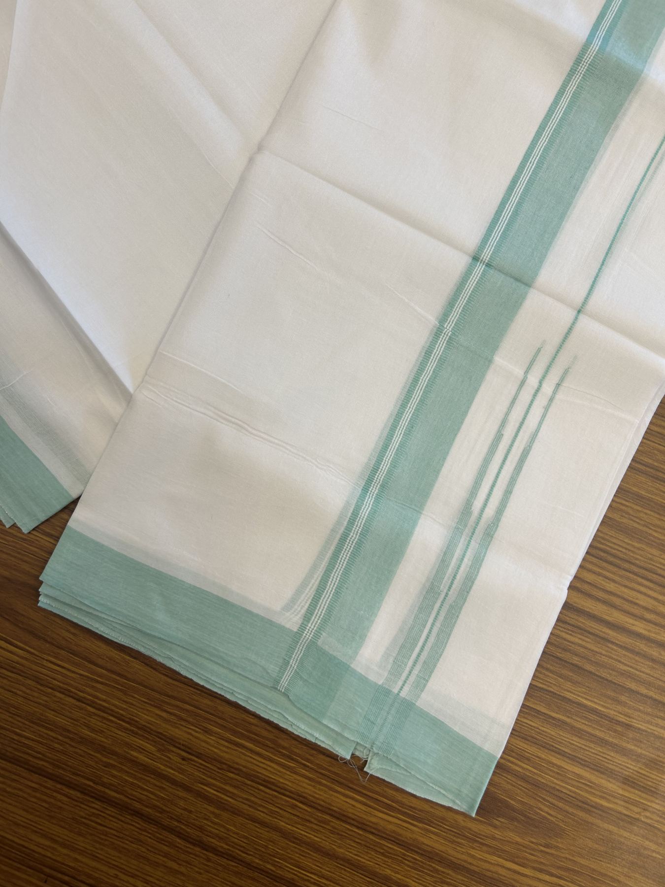 20% Discount! KaithariKada Balaramapuram 100% Cotton Double Pure white Mundu/Dhoti- 100x80 - 1.5 inch Mint Green shaded striped chutty kara - 3.75 mtr ( 8 muzham) - 28 KK5315 VAS