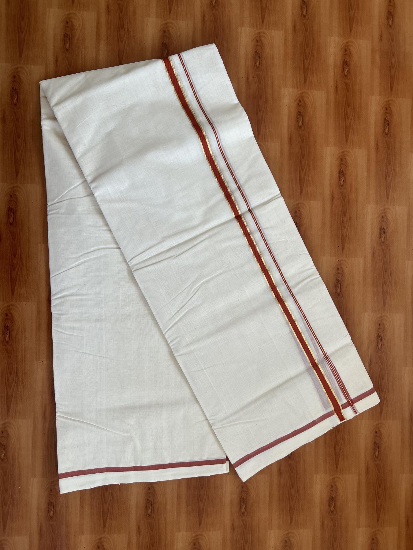 25% Discount!! KaithariKada Handloom Millpaav - Kerala Handloom - 100% Pure Cotton Off White Double Mundu/Dothi - (Unbleached) - 80x90 - 0.5 Inch Gold Kasav Burnt Orange Puliyilakkara chutty 4 mtr (8.5 Muzham) - 55 KK5383 RAM