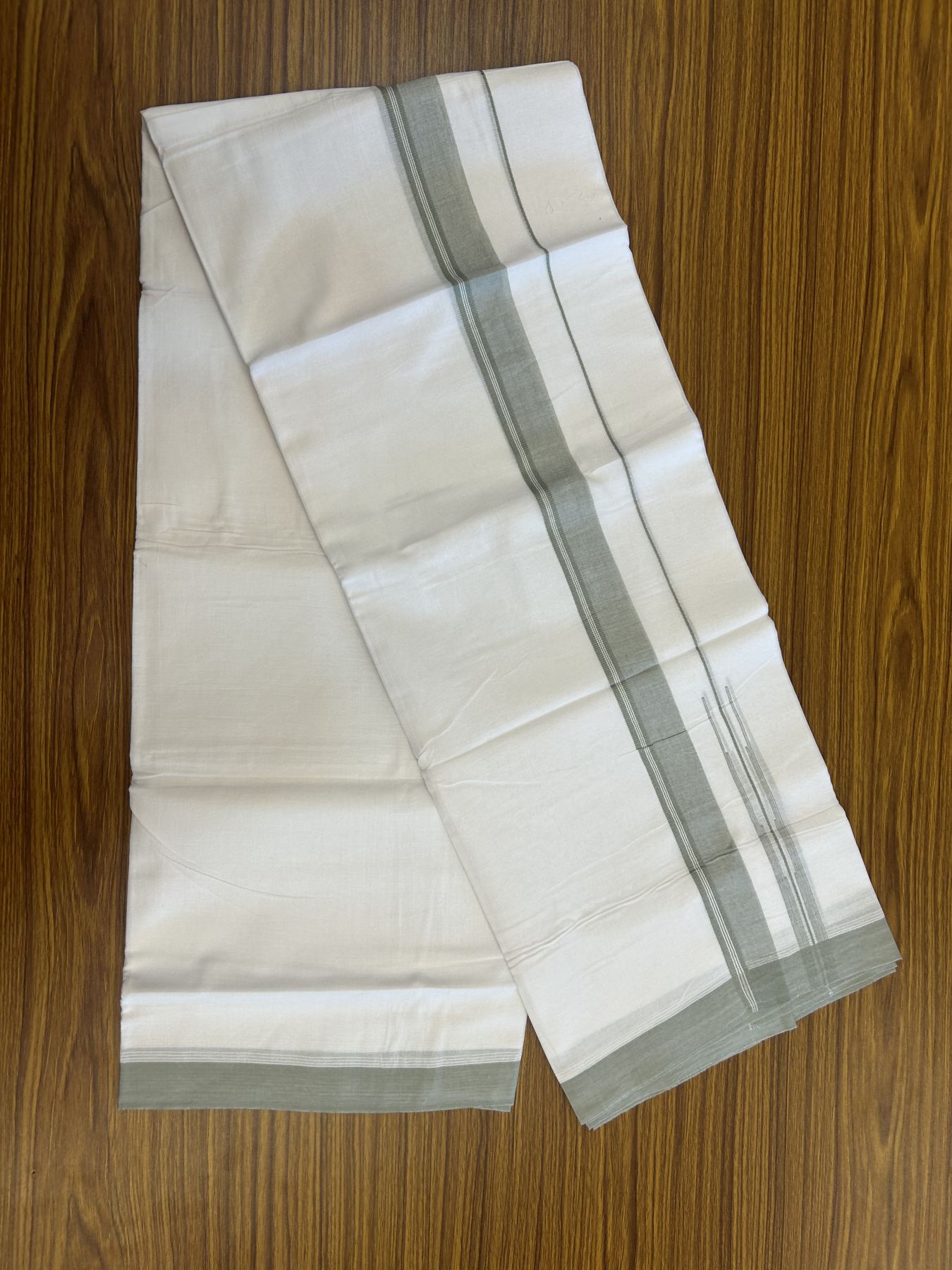 20% Discount! KaithariKada Balaramapuram 100% Cotton Double Pure white Mundu/Dhoti- 100x80 - 1.5 inch Sage Green shaded striped chutty kara - 3.75 mtr ( 8 muzham) - 29 KK5315 VAS