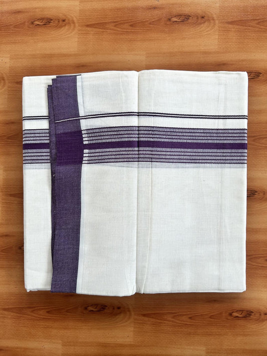 Double Off White (Unbleached) Mundu/Dhoti - 20% Discount! KaithariKada Pure Cotton - 60s - 1.5 inch Dark Purple Shaded Striped Kara 4 mtr (8.5 Muzham) - 75 KK5460 PMC