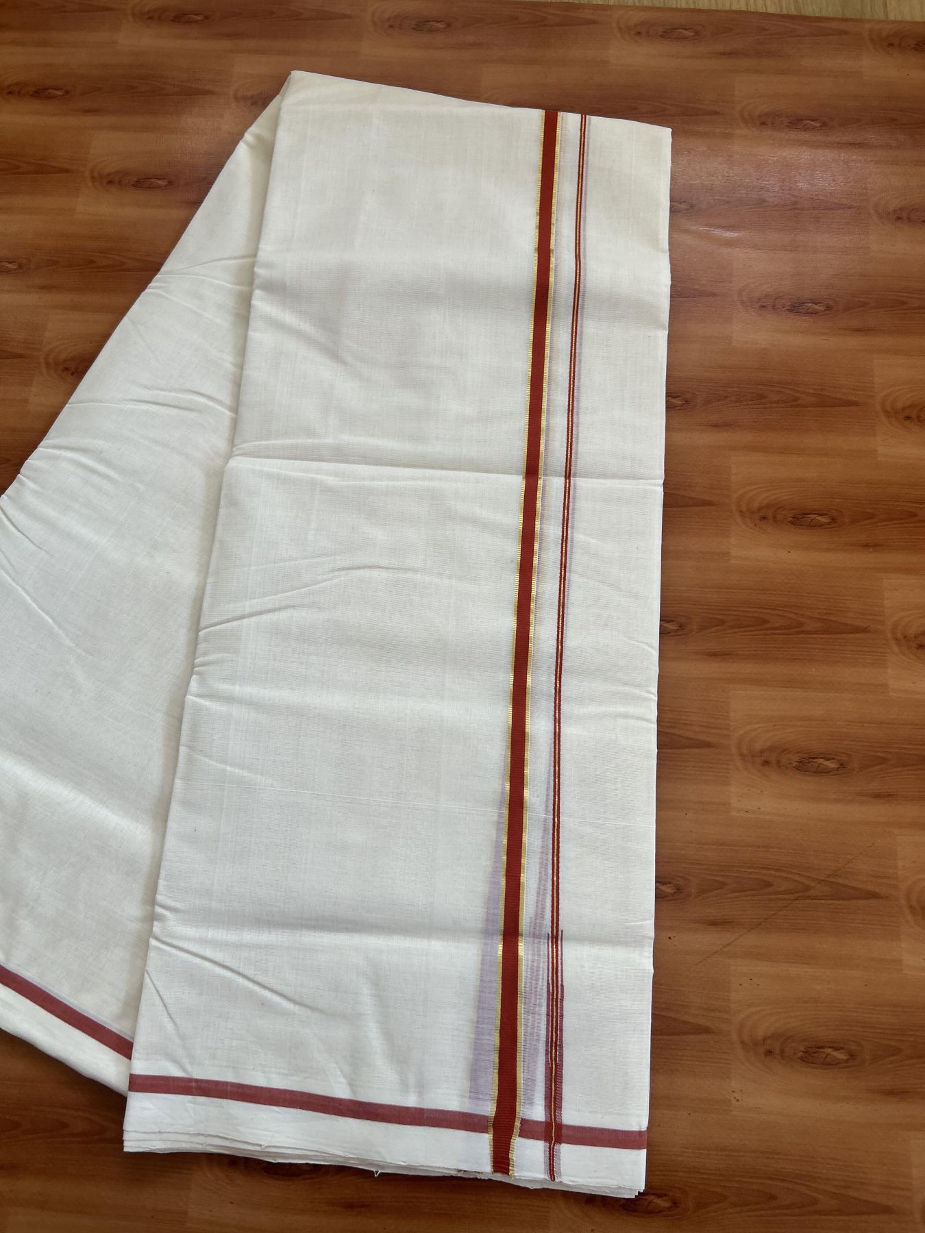 25% Discount!! KaithariKada Handloom Millpaav - Kerala Handloom - 100% Pure Cotton Off White Double Mundu/Dothi - (Unbleached) - 80x90 - 0.5 Inch Gold Kasav Burnt Orange Puliyilakkara chutty 4 mtr (8.5 Muzham) - 55 KK5383 RAM