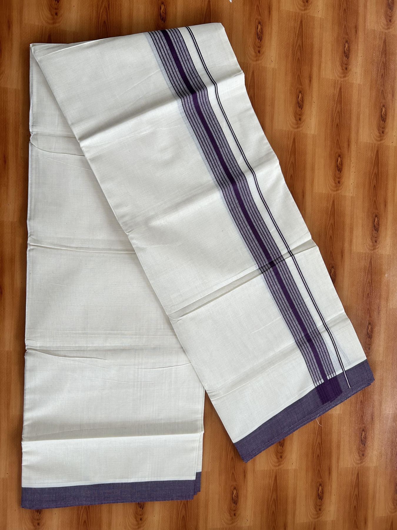 Double Off White (Unbleached) Mundu/Dhoti - 20% Discount! KaithariKada Pure Cotton - 60s - 1.5 inch Dark Purple Shaded Striped Kara 4 mtr (8.5 Muzham) - 75 KK5460 PMC