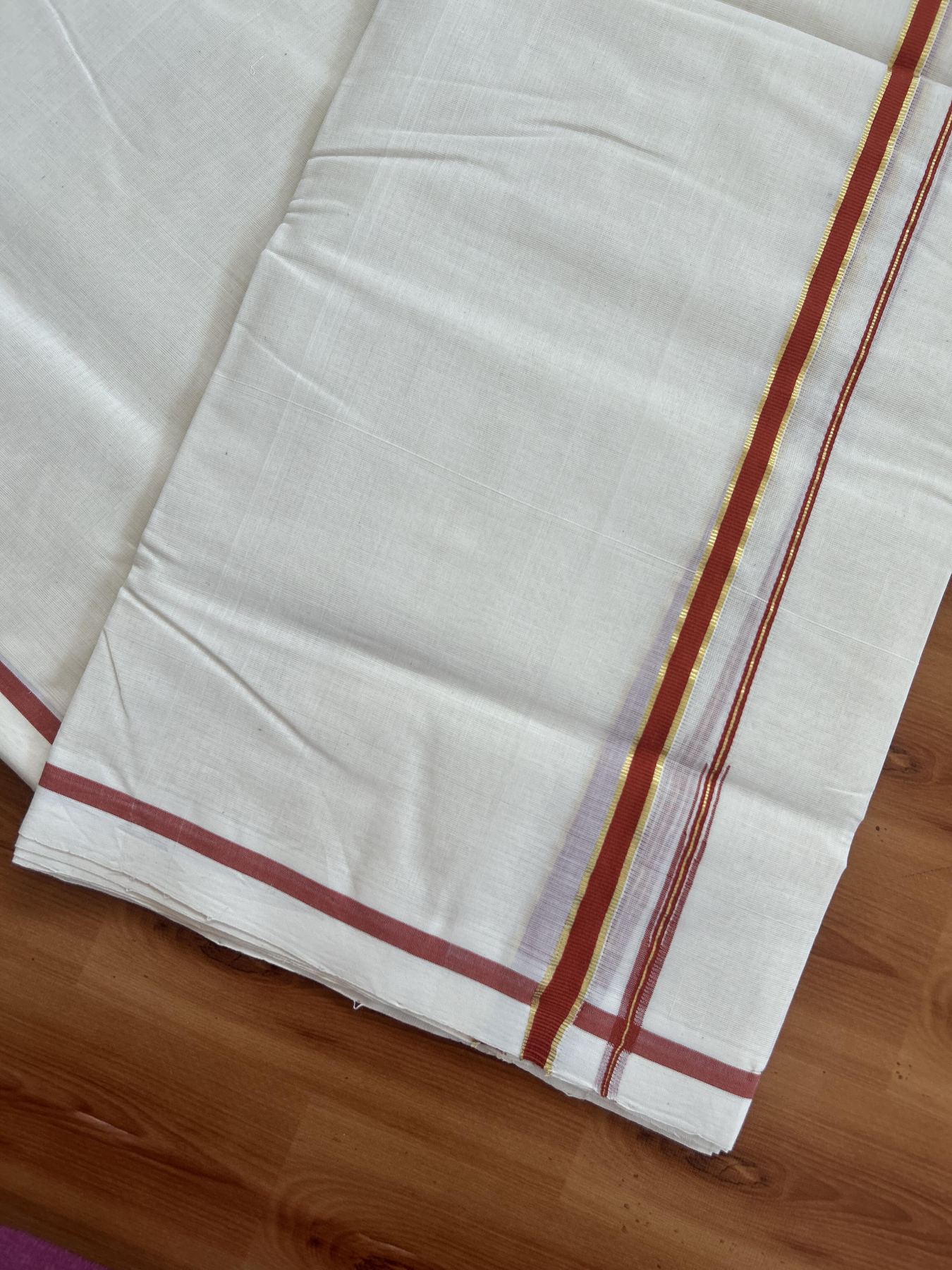 25% Discount!! KaithariKada Handloom Millpaav - Kerala Handloom - 100% Pure Cotton Off White Double Mundu/Dothi - (Unbleached) - 80x90 - 0.5 Inch Gold Kasav Burnt Orange Puliyilakkara chutty 4 mtr (8.5 Muzham) - 55 KK5383 RAM