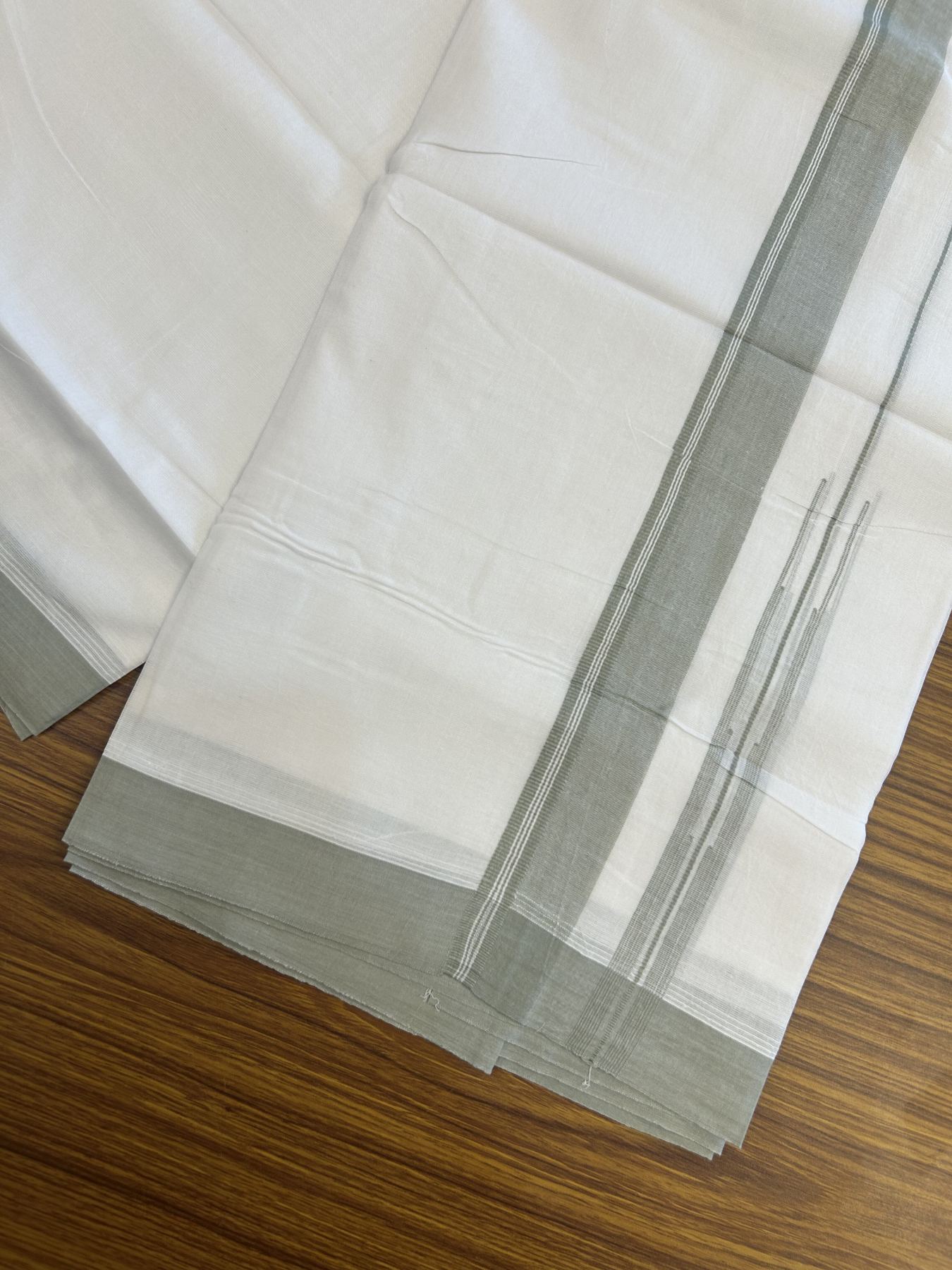 20% Discount! KaithariKada Balaramapuram 100% Cotton Double Pure white Mundu/Dhoti- 100x80 - 1.5 inch Sage Green shaded striped chutty kara - 3.75 mtr ( 8 muzham) - 29 KK5315 VAS