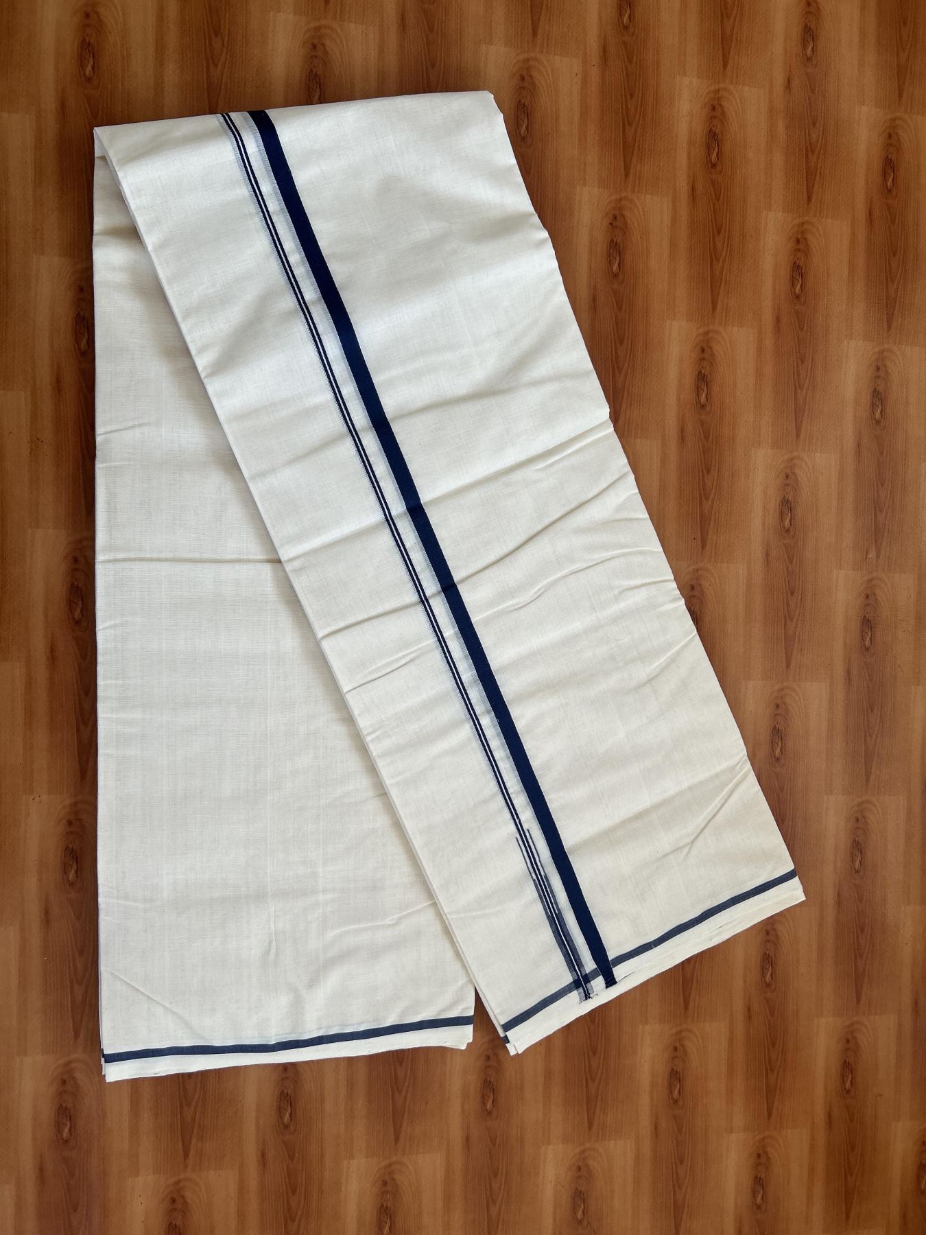 25% Discount!! KaithariKada Handloom Millpaav - Kerala Handloom - 100% Pure Cotton Off White Double Mundu/Dothi - (Unbleached) - 80x90 - 0.5 Inch Navy Blue Puliyilakkara chutty 4 mtr (8.5 Muzham) - 59 KK5383 RAM