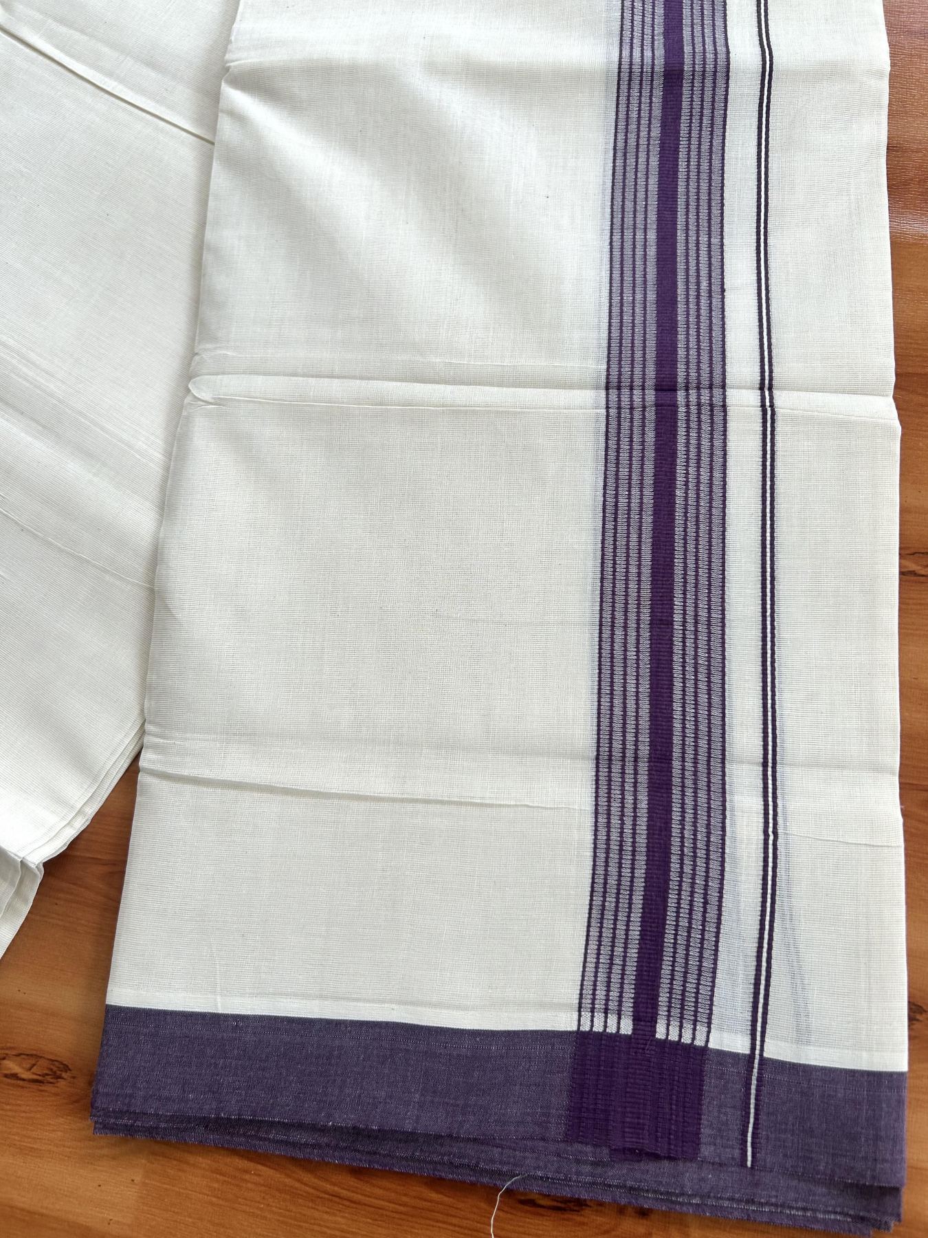 Double Off White (Unbleached) Mundu/Dhoti - 20% Discount! KaithariKada Pure Cotton - 60s - 1.5 inch Dark Purple Shaded Striped Kara 4 mtr (8.5 Muzham) - 75 KK5460 PMC