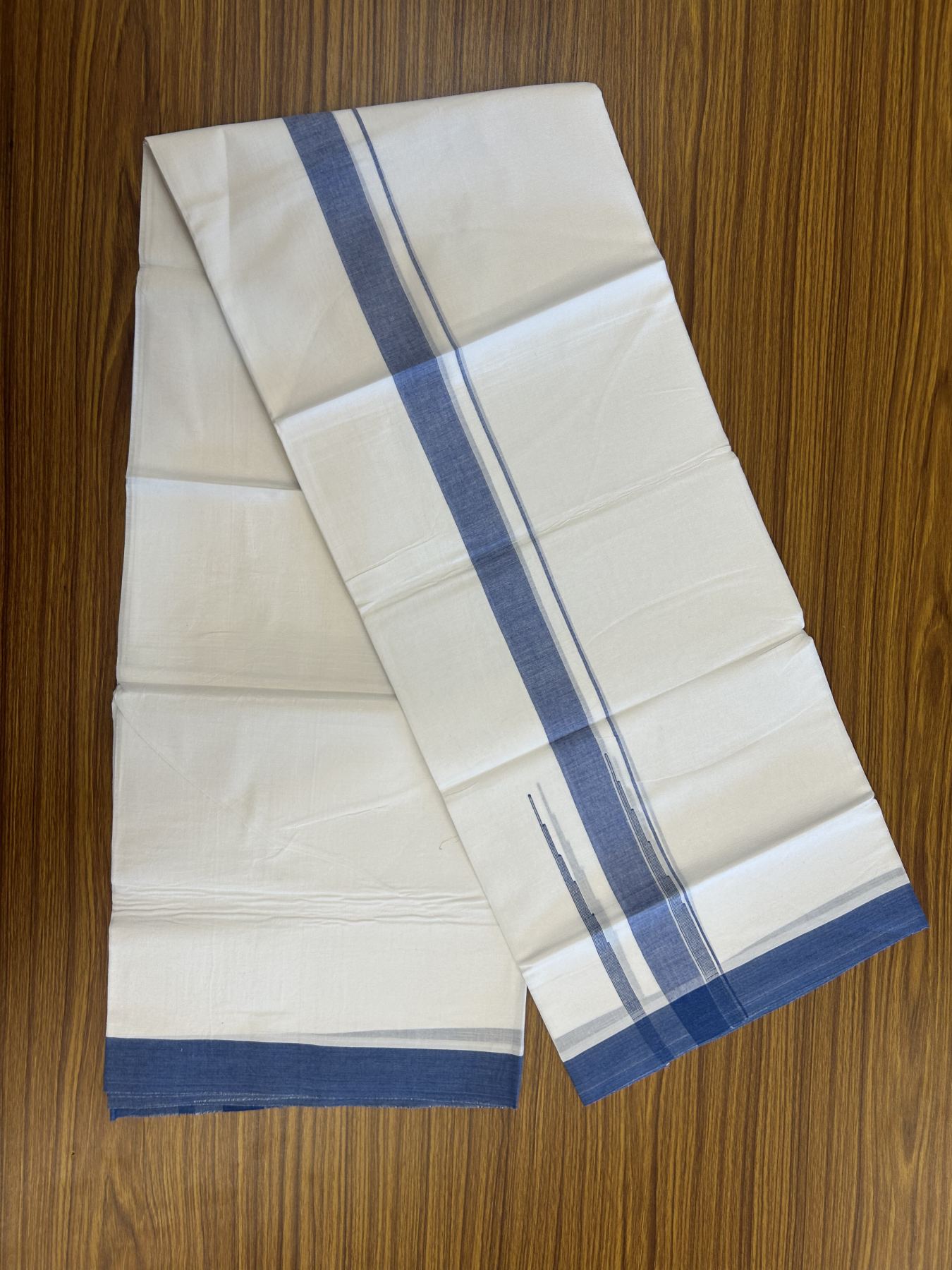 20% Discount! KaithariKada Balaramapuram 100% Cotton Double Pure white Mundu/Dhoti- 100x80 - 2.25 inch Blue shaded striped chutty kara - 3.80 mtr ( 8 muzham) - 33 KK5315 VAS