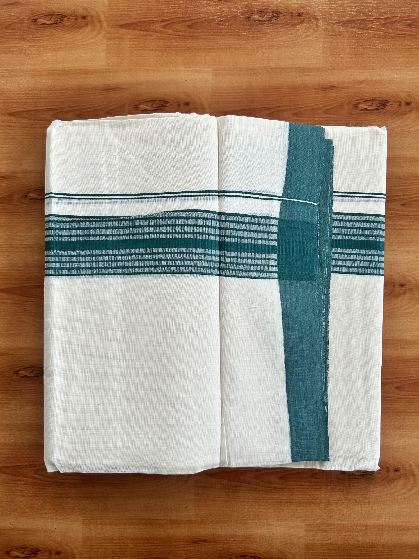 Double Off White (Unbleached) Mundu/Dhoti - 20% Discount! KaithariKada Pure Cotton - 60s - 1.5 inch Green Shaded Striped Kara 4 mtr (8.5 Muzham) - 74 KK5460 PMC