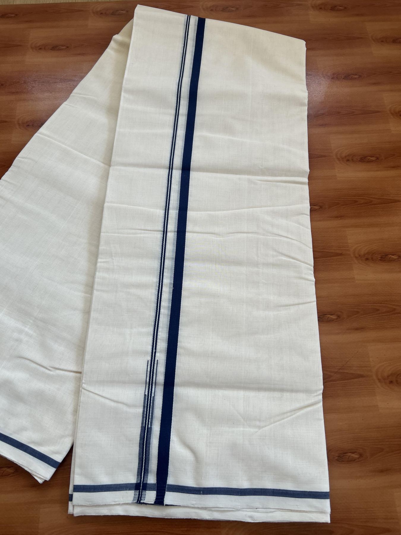 25% Discount!! KaithariKada Handloom Millpaav - Kerala Handloom - 100% Pure Cotton Off White Double Mundu/Dothi - (Unbleached) - 80x90 - 0.5 Inch Navy Blue Puliyilakkara chutty 4 mtr (8.5 Muzham) - 59 KK5383 RAM