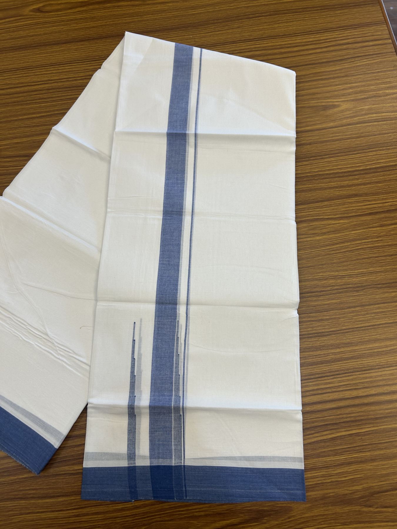 20% Discount! KaithariKada Balaramapuram 100% Cotton Double Pure white Mundu/Dhoti- 100x80 - 2.25 inch Blue shaded striped chutty kara - 3.80 mtr ( 8 muzham) - 33 KK5315 VAS