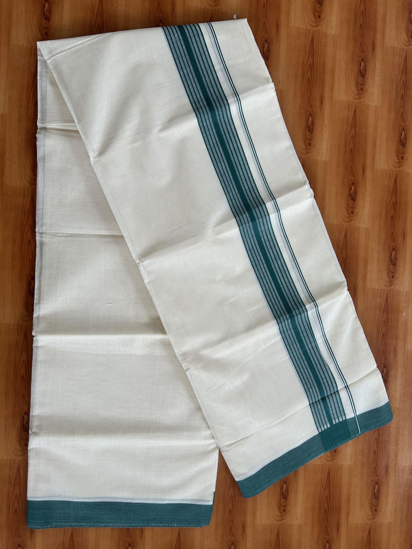 Double Off White (Unbleached) Mundu/Dhoti - 20% Discount! KaithariKada Pure Cotton - 60s - 1.5 inch Green Shaded Striped Kara 4 mtr (8.5 Muzham) - 74 KK5460 PMC