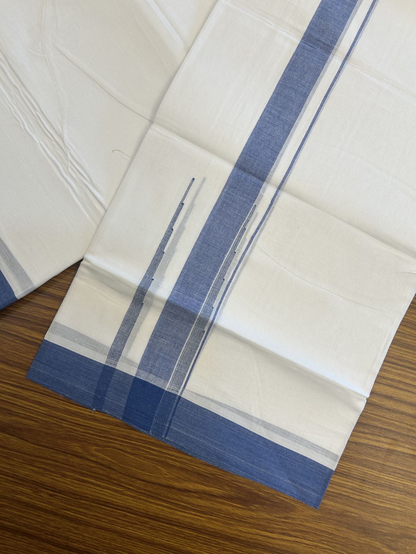 20% Discount! KaithariKada Balaramapuram 100% Cotton Double Pure white Mundu/Dhoti- 100x80 - 2.25 inch Blue shaded striped chutty kara - 3.80 mtr ( 8 muzham) - 33 KK5315 VAS