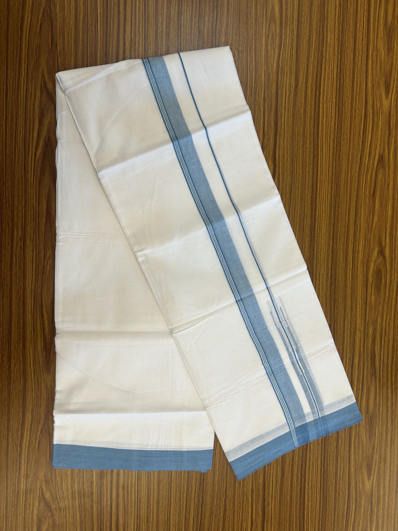 20% Discount! KaithariKada Balaramapuram 100% Cotton Double Pure white Mundu/Dhoti- 100x80 - 1.25 inch Light Blue shaded striped chutty kara - 3.75 mtr ( 8 muzham) - 27 KK5315 VAS