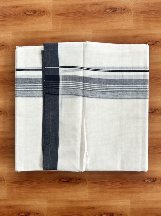 Double Off White (Unbleached) Mundu/Dhoti - 20% Discount! KaithariKada Pure Cotton - 60s - 1.75 inch Greyish Black Shaded Striped Kara 4 mtr (8.5 Muzham) - 59 KK5460 PMC