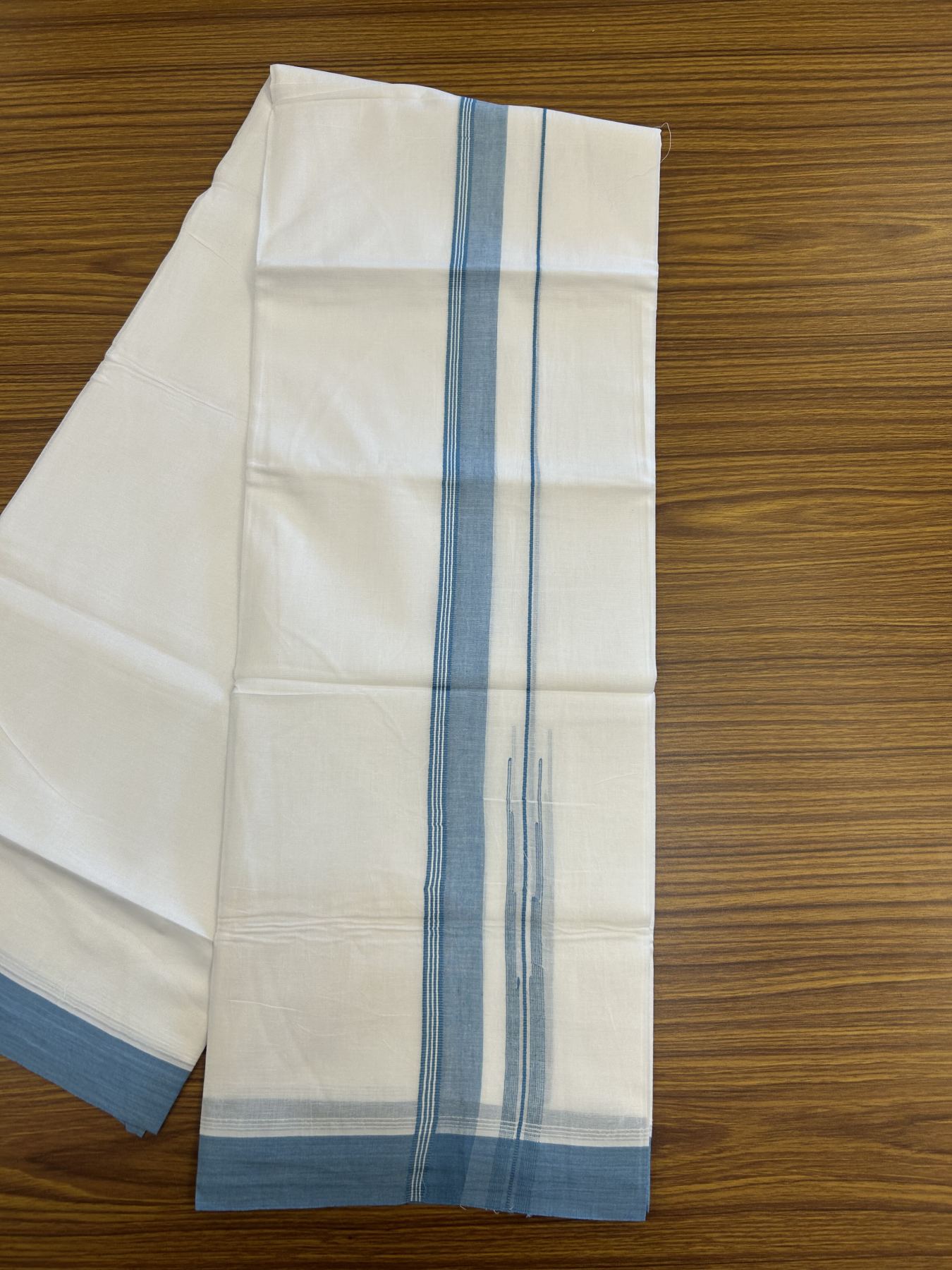20% Discount! KaithariKada Balaramapuram 100% Cotton Double Pure white Mundu/Dhoti- 100x80 - 1.25 inch Light Blue shaded striped chutty kara - 3.75 mtr ( 8 muzham) - 27 KK5315 VAS
