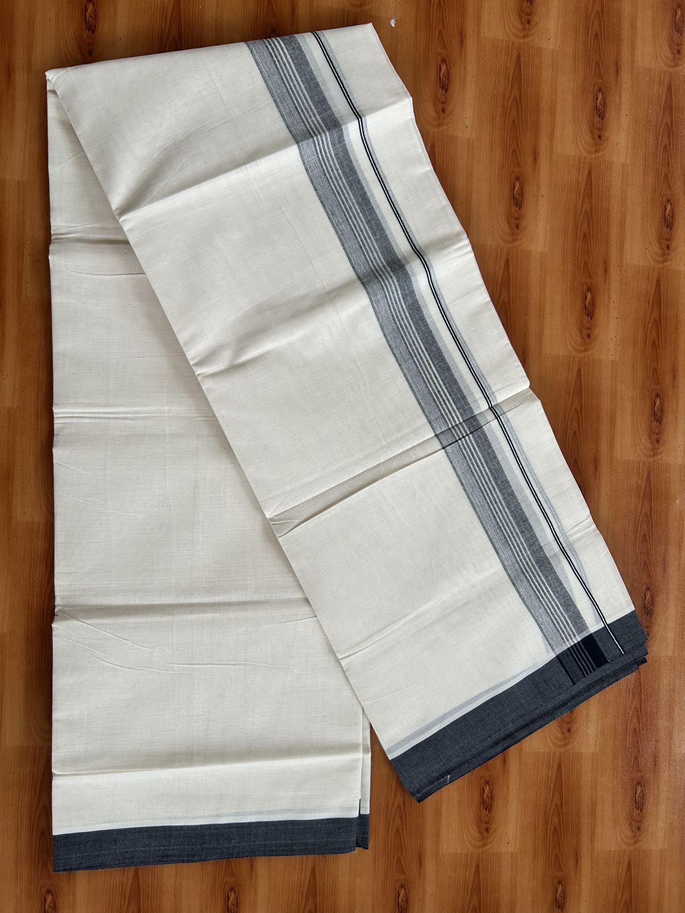 Double Off White (Unbleached) Mundu/Dhoti - 20% Discount! KaithariKada Pure Cotton - 60s - 1.75 inch Greyish Black Shaded Striped Kara 4 mtr (8.5 Muzham) - 59 KK5460 PMC