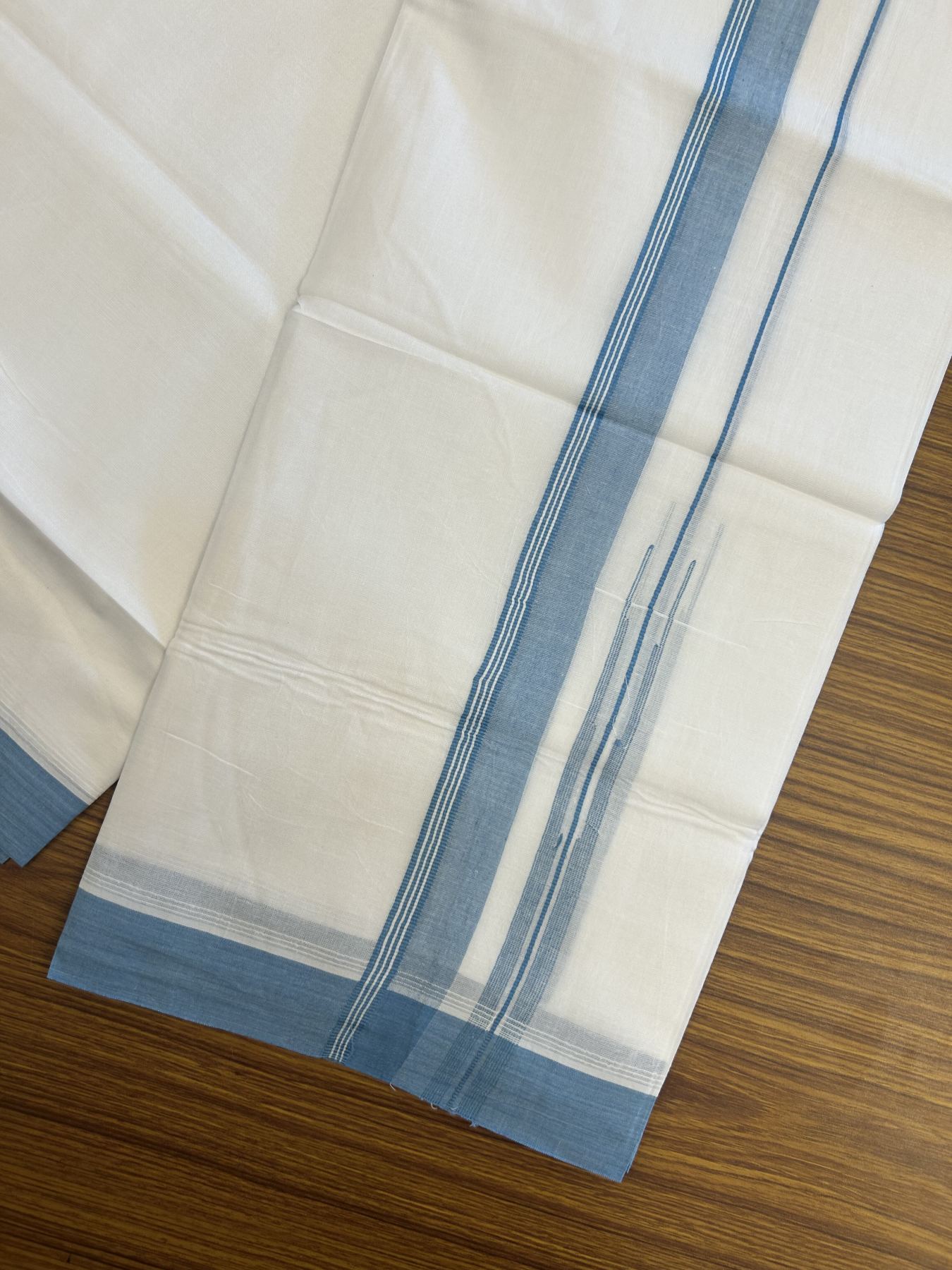 20% Discount! KaithariKada Balaramapuram 100% Cotton Double Pure white Mundu/Dhoti- 100x80 - 1.25 inch Light Blue shaded striped chutty kara - 3.75 mtr ( 8 muzham) - 27 KK5315 VAS
