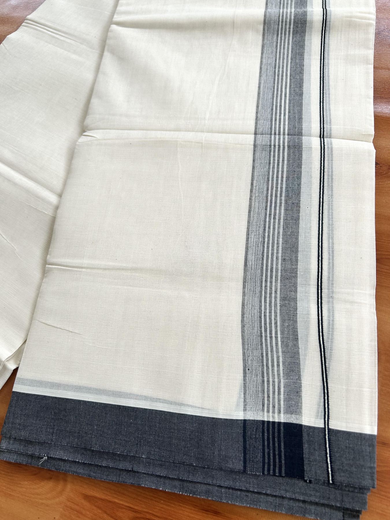 Double Off White (Unbleached) Mundu/Dhoti - 20% Discount! KaithariKada Pure Cotton - 60s - 1.75 inch Greyish Black Shaded Striped Kara 4 mtr (8.5 Muzham) - 59 KK5460 PMC