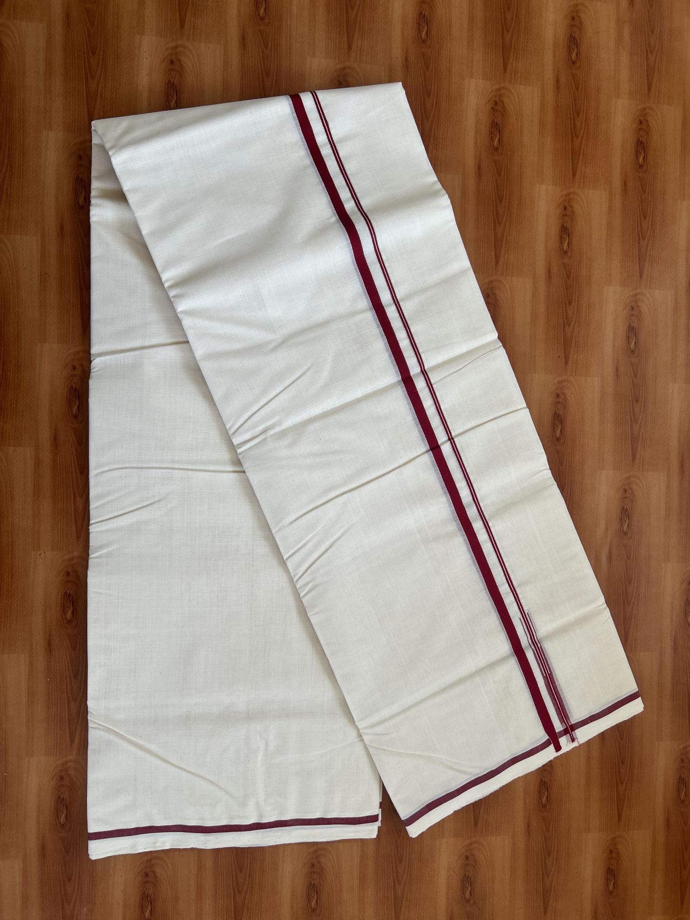 25% Discount!! KaithariKada Handloom Millpaav - Kerala Handloom - 100% Pure Cotton Off White Double Mundu/Dothi - (Unbleached) - 80x90 - 0.5 Inch Maroon Red Puliyilakkara chutty 4 mtr (8.5 Muzham) - 61 KK5383 RAM