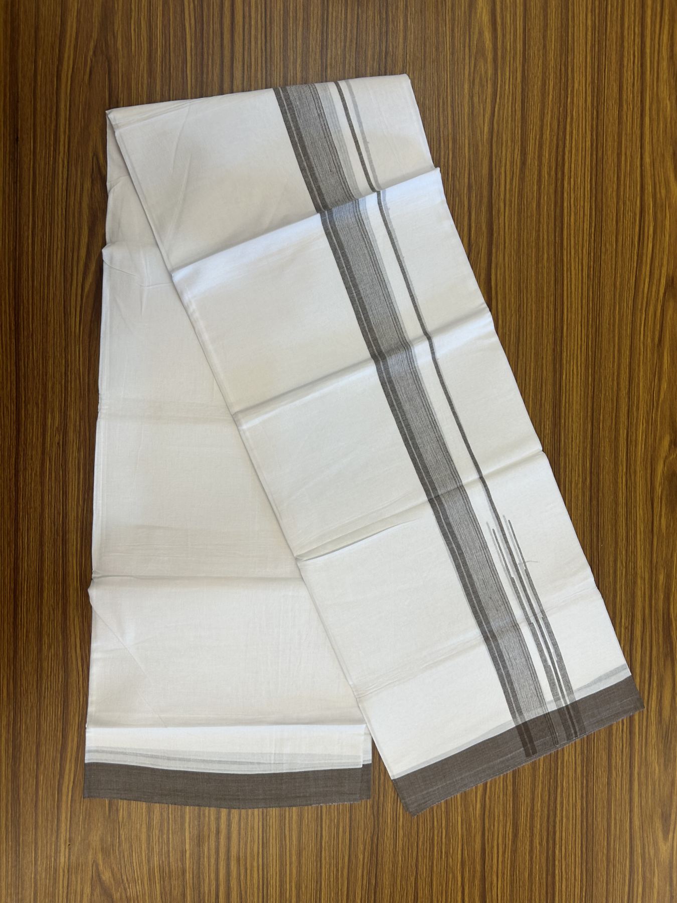 20% Discount! KaithariKada Balaramapuram 100% Cotton Double Pure white Mundu/Dhoti- 100x80 - 1.5 inch Brown shaded striped chutty kara - 3.75 mtr ( 8 muzham) - 23 KK5315 VAS