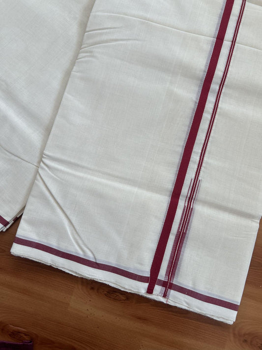 25% Discount!! KaithariKada Handloom Millpaav - Kerala Handloom - 100% Pure Cotton Off White Double Mundu/Dothi - (Unbleached) - 80x90 - 0.5 Inch Maroon Red Puliyilakkara chutty 4 mtr (8.5 Muzham) - 61 KK5383 RAM