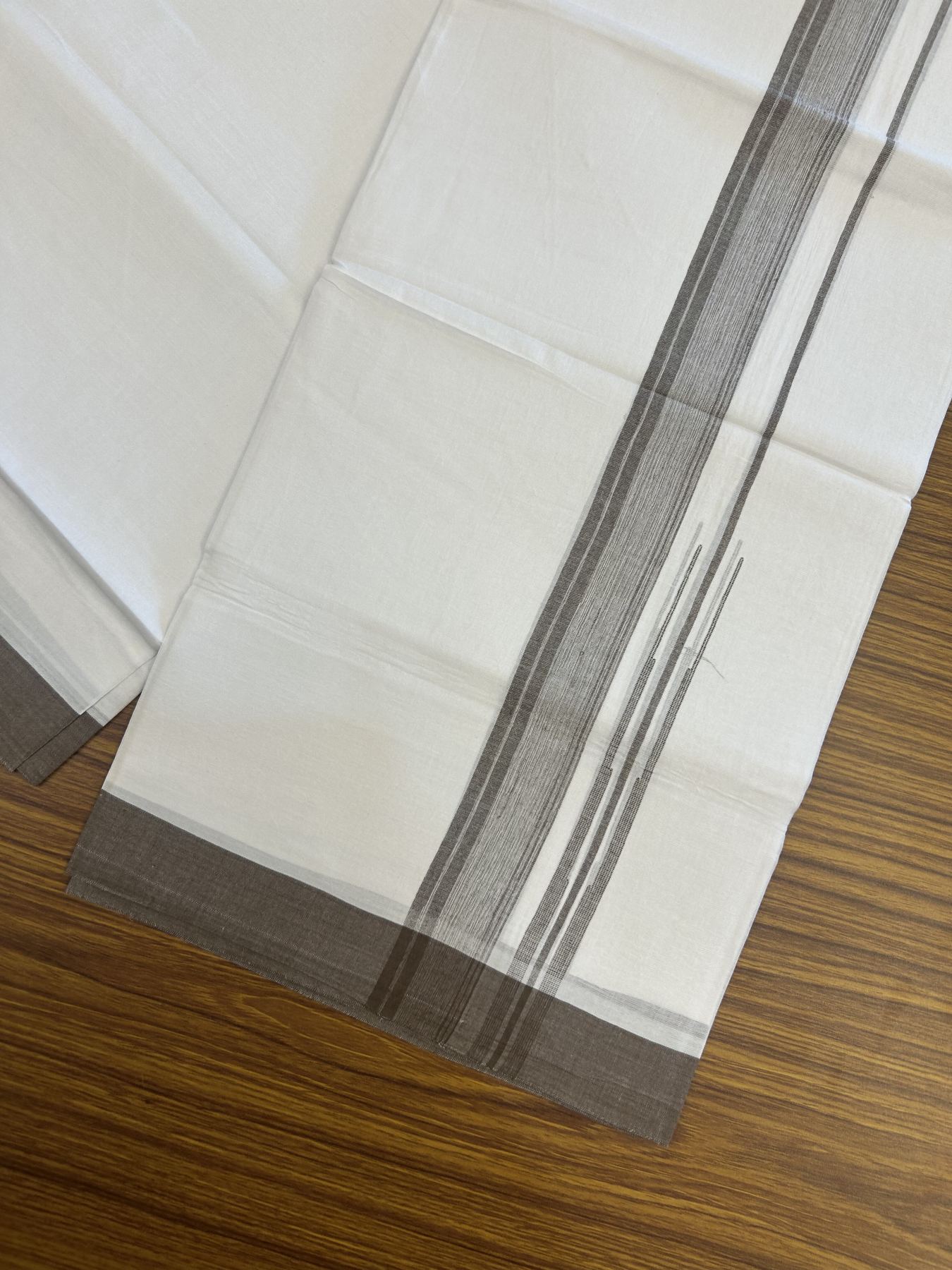 20% Discount! KaithariKada Balaramapuram 100% Cotton Double Pure white Mundu/Dhoti- 100x80 - 1.5 inch Brown shaded striped chutty kara - 3.75 mtr ( 8 muzham) - 23 KK5315 VAS