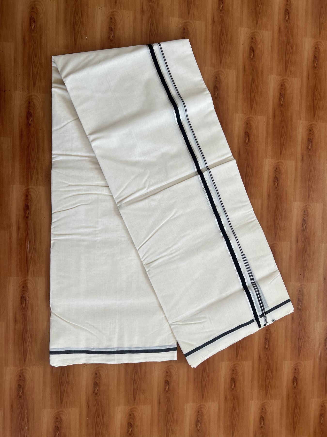 25% Discount!! KaithariKada Handloom Millpaav - Kerala Handloom - 100% Pure Cotton Off White Double Mundu/Dothi - (Unbleached) - 80x90 - 0.5 Inch Silver Kasav Black Puliyilakkara chutty 4 mtr (8.5 Muzham) - 53 KK5383 RAM