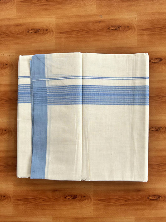 Double Off White (Unbleached) Mundu/Dhoti - 20% Discount! KaithariKada Pure Cotton - 60s - 1.5 inch Light Blue Shaded Striped Kara 4 mtr (8.5 Muzham) - 73 KK5460 PMC