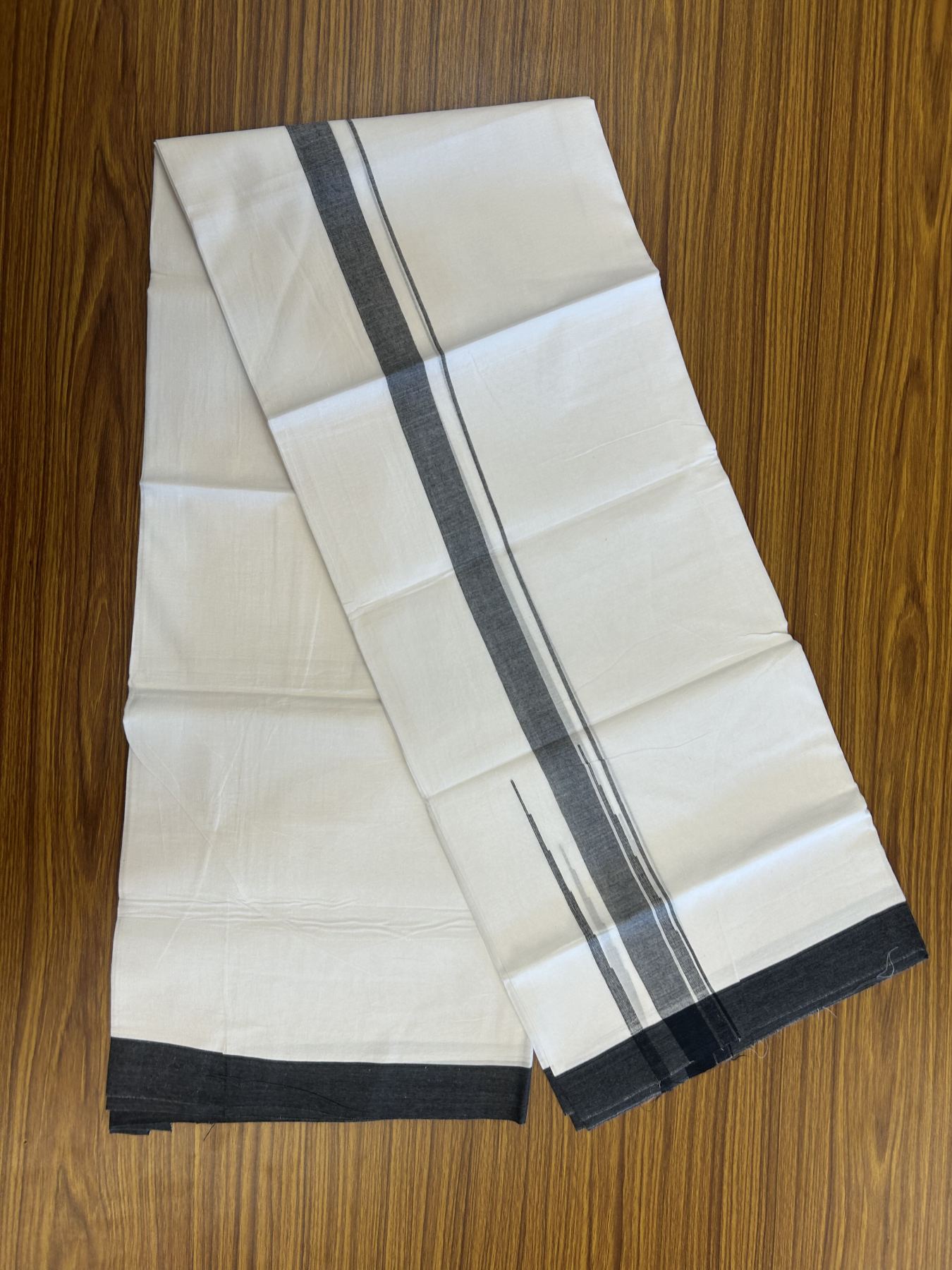 20% Discount! KaithariKada Balaramapuram 100% Cotton Double Pure white Mundu/Dhoti- 100x80 - 2 inch Black shaded striped chutty kara - 3.80 mtr ( 8 muzham) - 32 KK5315 VAS