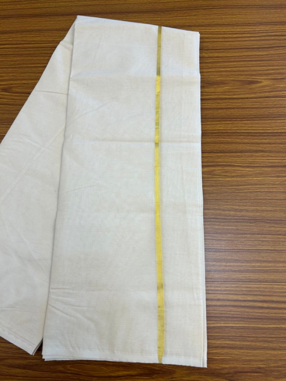 20% Discount KaithariKada Balaramapuram 100% Cotton Double Off white - (Unbleached) - Mundu/Dhoti - 100x100 - 0.25 inch Gold Kasav Kara - 4 KK5257 ASH