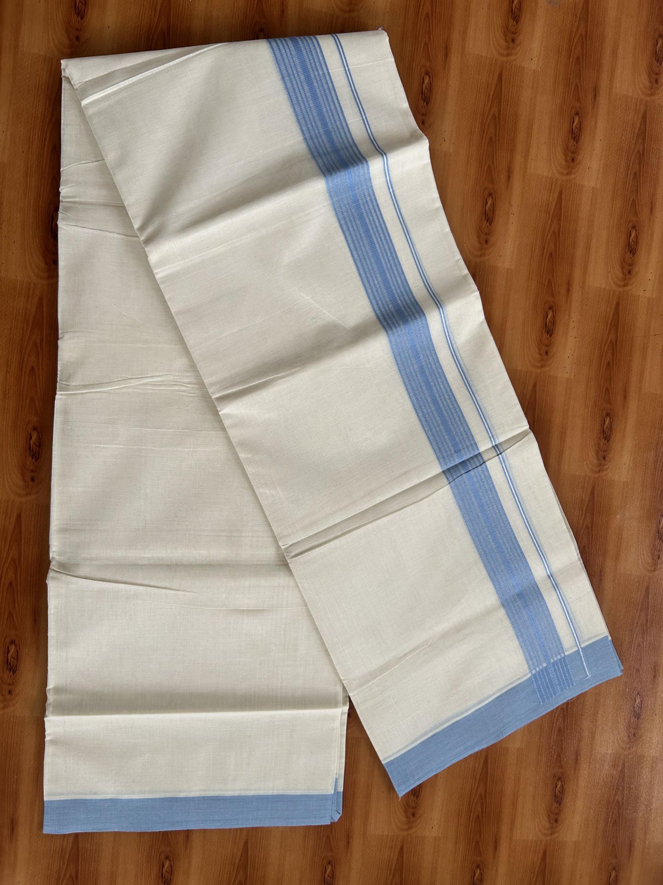 Double Off White (Unbleached) Mundu/Dhoti - 20% Discount! KaithariKada Pure Cotton - 60s - 1.5 inch Light Blue Shaded Striped Kara 4 mtr (8.5 Muzham) - 73 KK5460 PMC