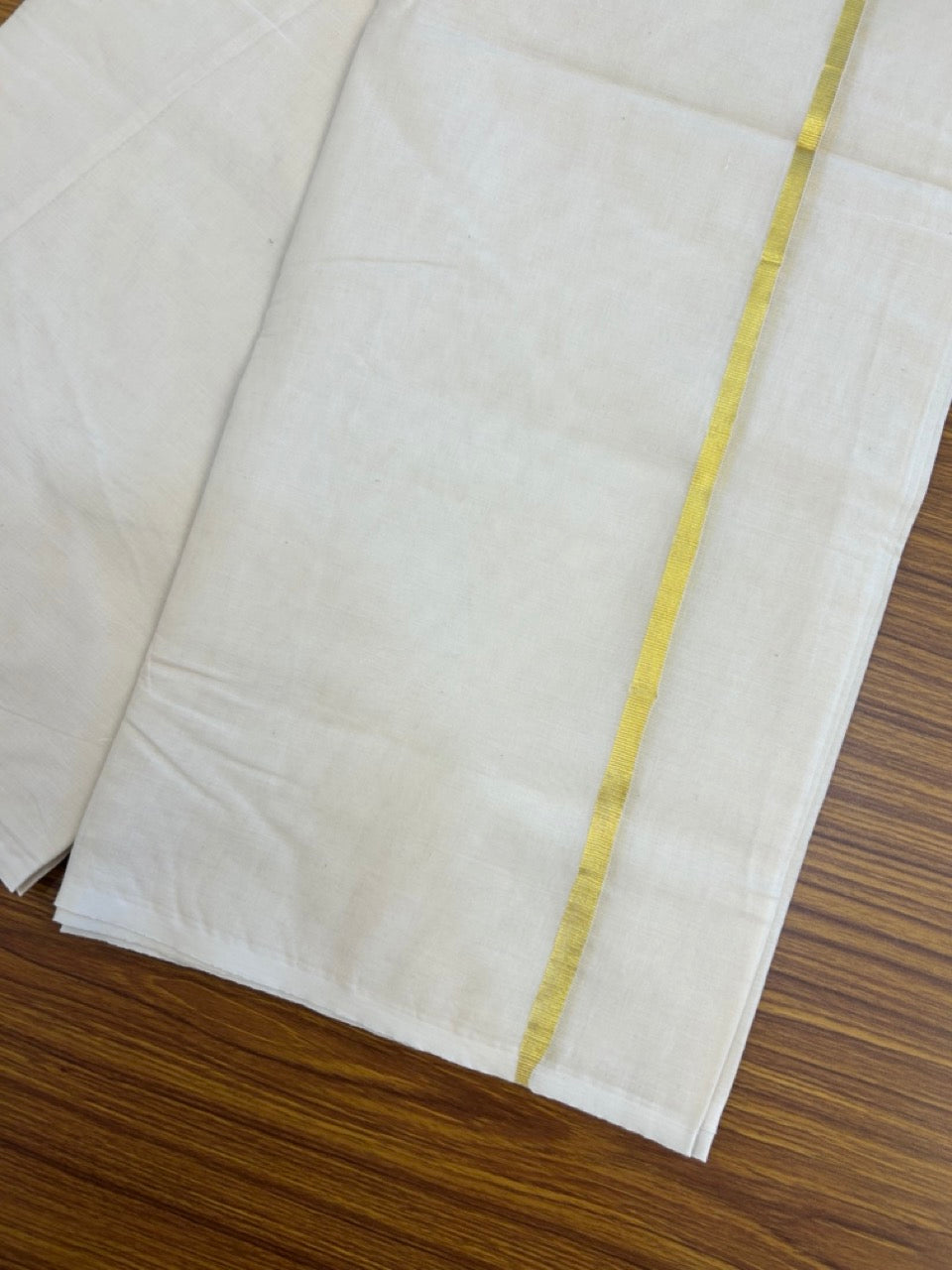 20% Discount KaithariKada Balaramapuram 100% Cotton Double Off white - (Unbleached) - Mundu/Dhoti - 100x100 - 0.25 inch Gold Kasav Kara - 4 KK5257 ASH