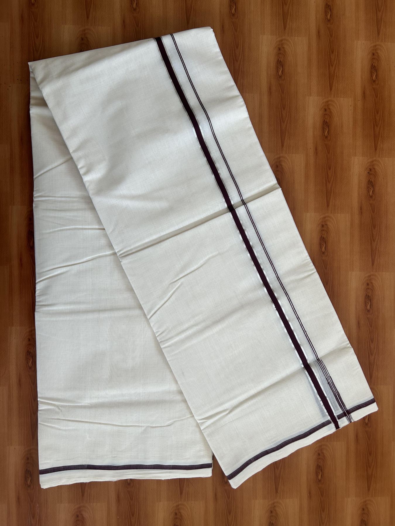 25% Discount!! KaithariKada Handloom Millpaav - Kerala Handloom - 100% Pure Cotton Off White Double Mundu/Dothi - (Unbleached) - 80x90 - 0.5 Inch Silver Kasav Dark Maroon Puliyilakkara chutty 4 mtr (8.5 Muzham) - 51 KK5383 RAM