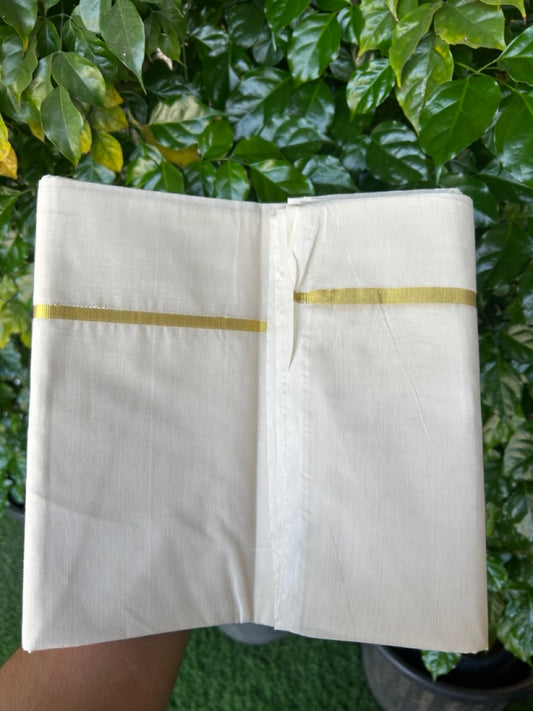 20% Discount KaithariKada Balaramapuram 100% Cotton Double Off white - (Unbleached) - Mundu/Dhoti - 100x100 - 0.25 inch Gold Kasav Kara - 4 KK5257 ASH