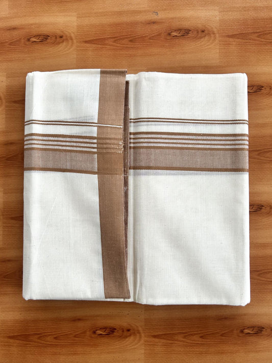 Double Off White (Unbleached) Mundu/Dhoti - 20% Discount! KaithariKada Pure Cotton - 60s - 1.5 inch Brownish Orange Shaded Striped Kara 4 mtr (8.5 Muzham) - 68 KK5460 PMC