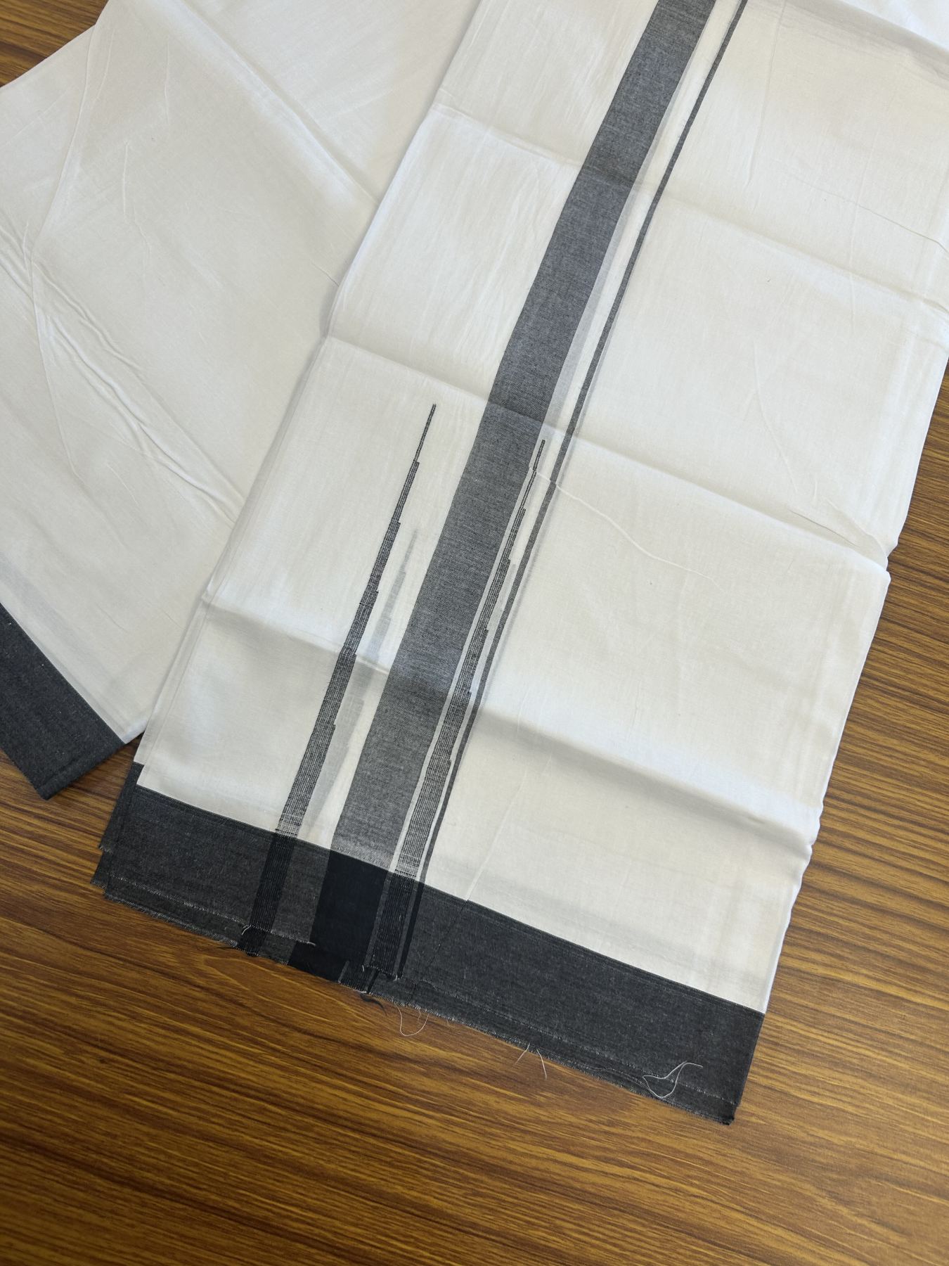 20% Discount! KaithariKada Balaramapuram 100% Cotton Double Pure white Mundu/Dhoti- 100x80 - 2 inch Black shaded striped chutty kara - 3.80 mtr ( 8 muzham) - 32 KK5315 VAS