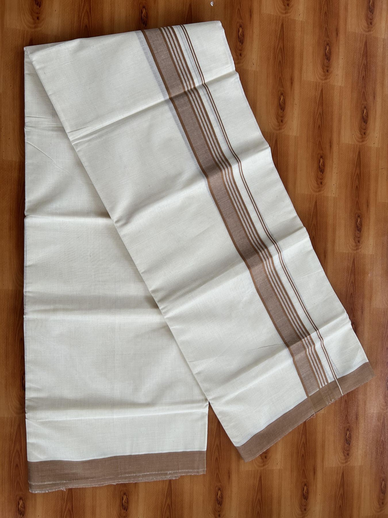Double Off White (Unbleached) Mundu/Dhoti - 20% Discount! KaithariKada Pure Cotton - 60s - 1.5 inch Brownish Orange Shaded Striped Kara 4 mtr (8.5 Muzham) - 68 KK5460 PMC