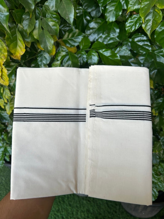 20% Discount ! KaithariKada Balaramapuram 100% COTTON SINGLE OFF WHITE - (Unbleached) Mundu/Dhoti-Twisted 100s Thread- 0.5 inch Black Striped Kara (2 meter / 4 muzham)  - 3 KK5257 ASH
