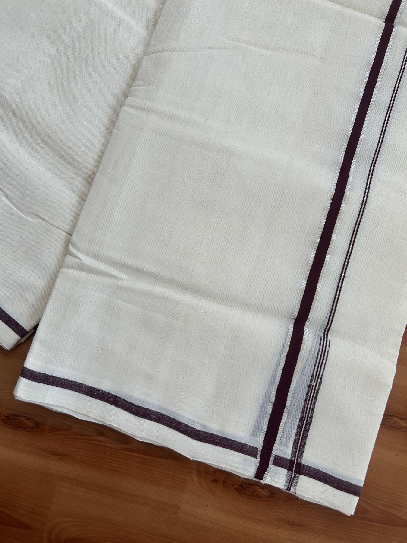 25% Discount!! KaithariKada Handloom Millpaav - Kerala Handloom - 100% Pure Cotton Off White Double Mundu/Dothi - (Unbleached) - 80x90 - 0.5 Inch Silver Kasav Dark Maroon Puliyilakkara chutty 4 mtr (8.5 Muzham) - 51 KK5383 RAM