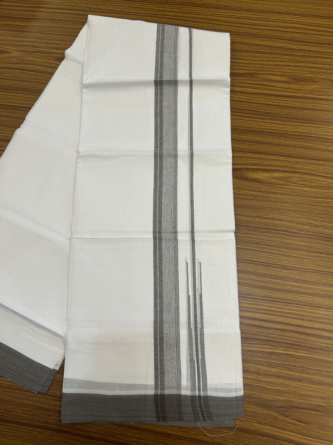 20% Discount! KaithariKada Balaramapuram 100% Cotton Double Pure white Mundu/Dhoti- 100x80 - 1.5 inch Greyish Brown shaded striped chutty kara - 3.75 mtr ( 8 muzham) - 22 KK5315 VAS